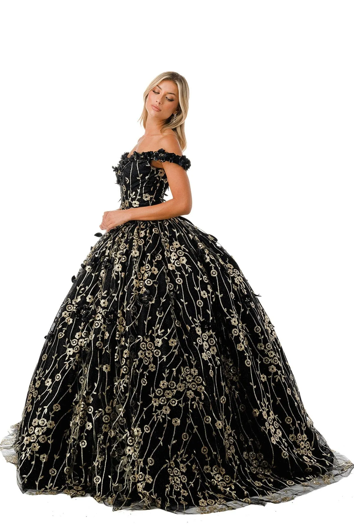 3D Floral Off Shoulder Glitter Ball Gown by Coya L2766A