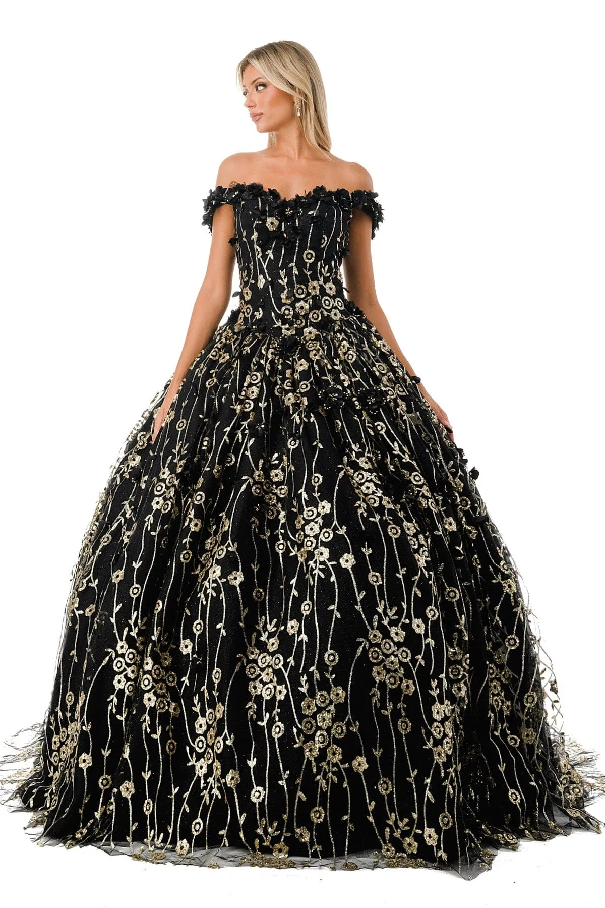 3D Floral Off Shoulder Glitter Ball Gown by Coya L2766A