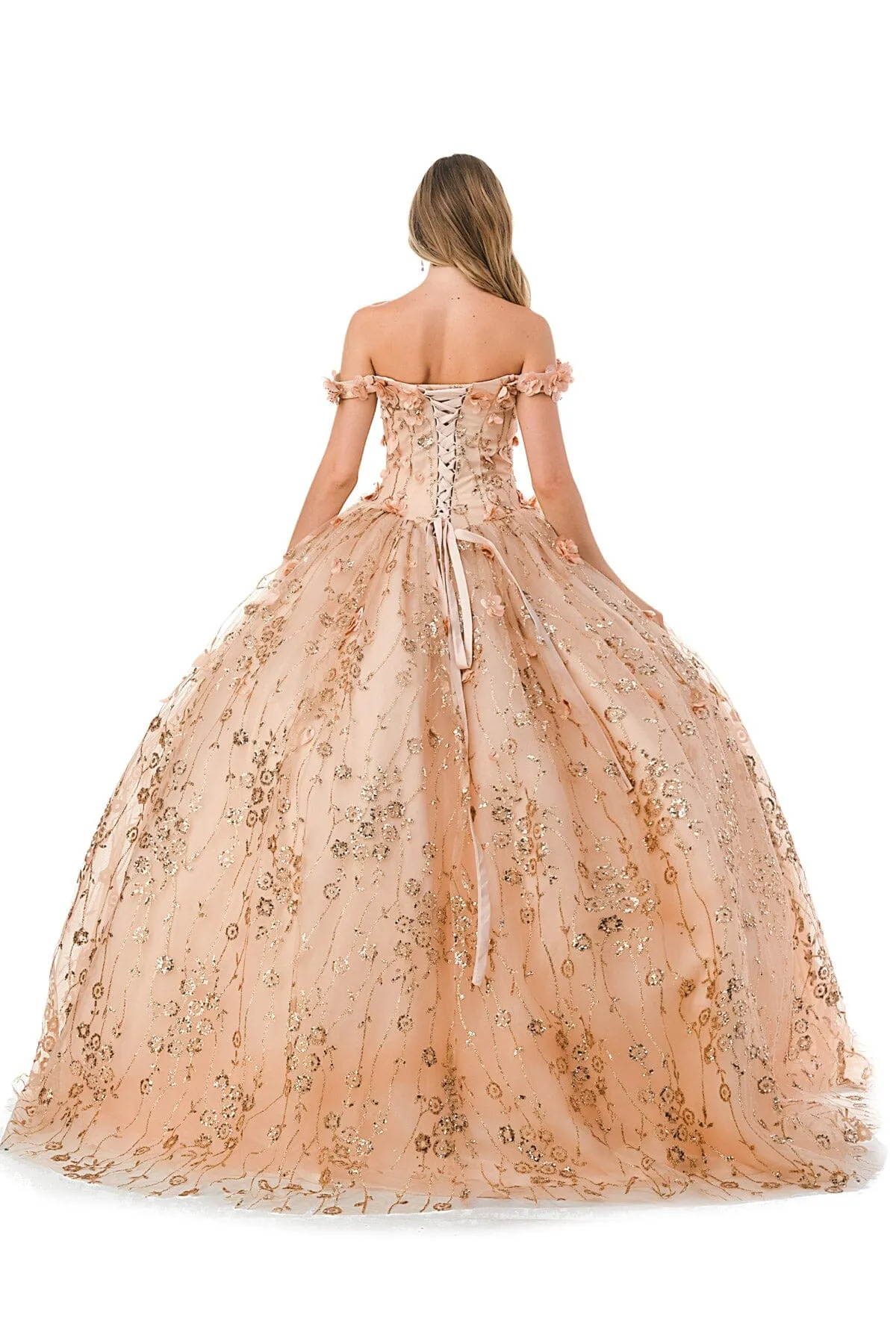 3D Floral Off Shoulder Glitter Ball Gown by Coya L2766A