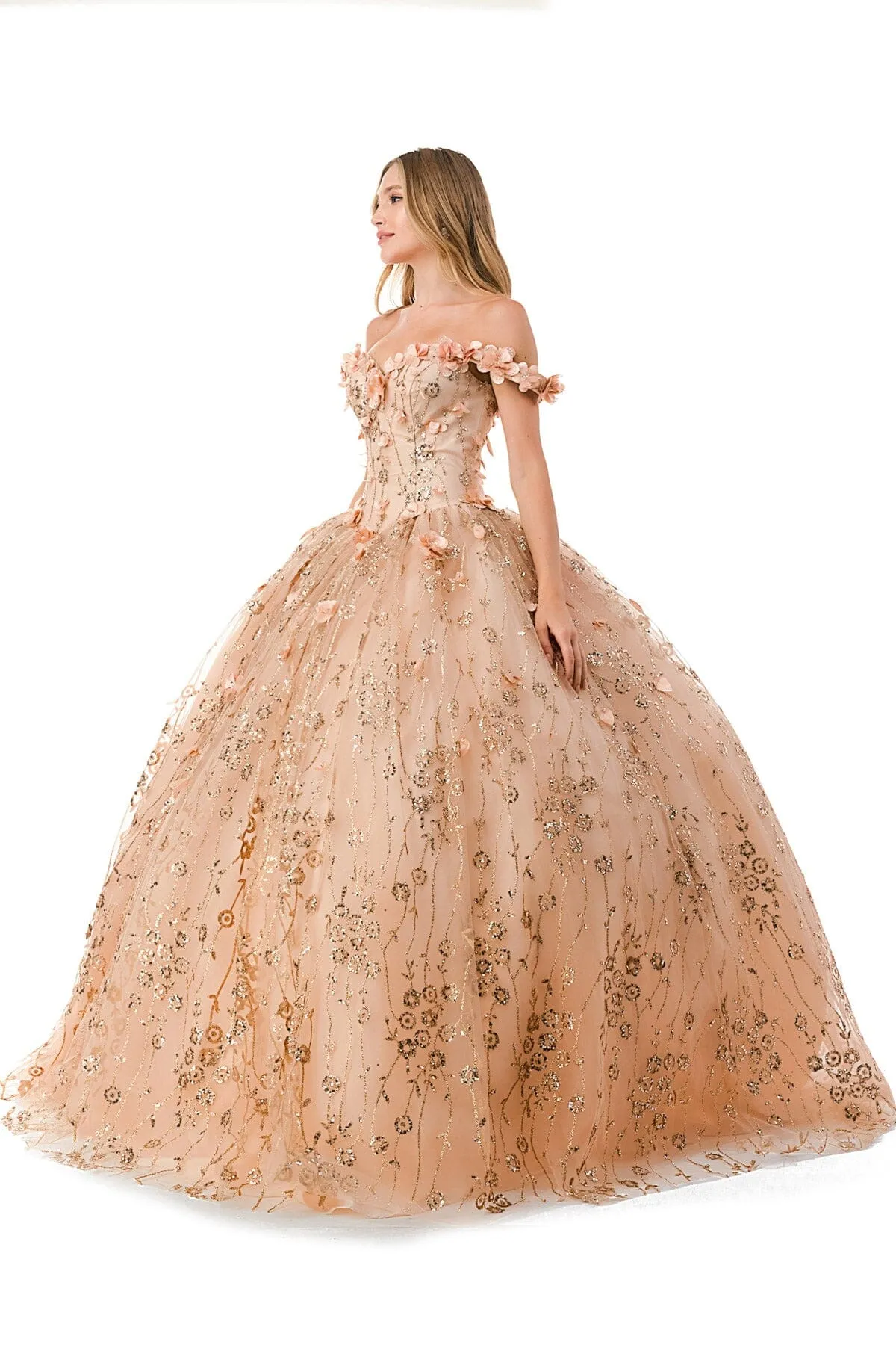 3D Floral Off Shoulder Glitter Ball Gown by Coya L2766A