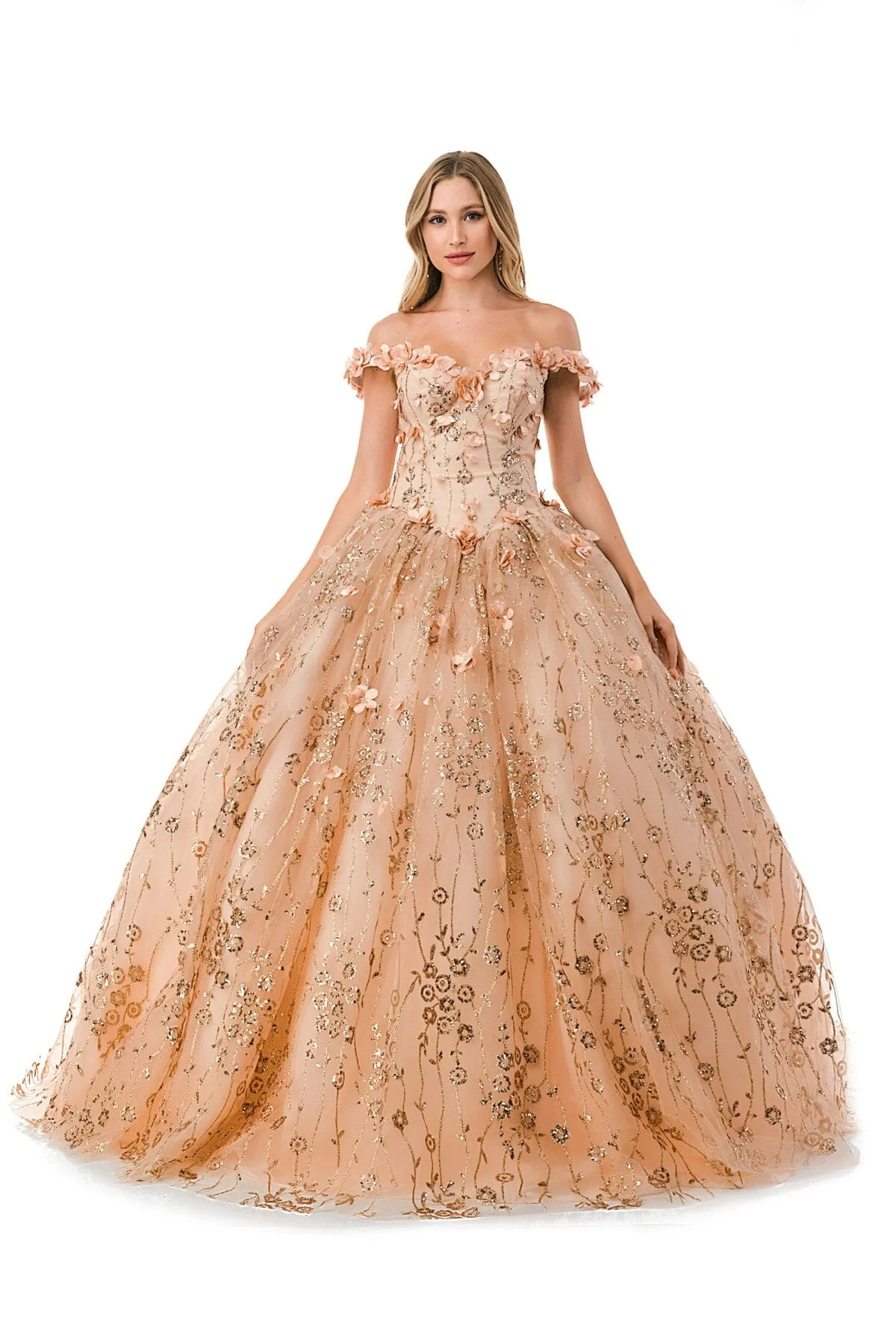 3D Floral Off Shoulder Glitter Ball Gown by Coya L2766A