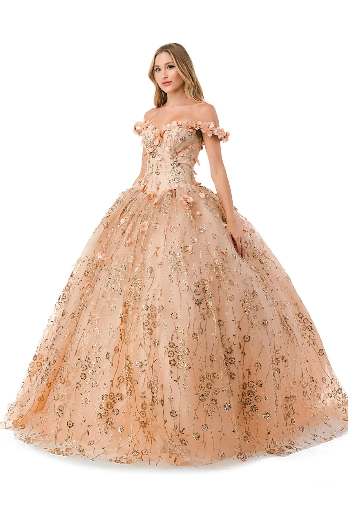 3D Floral Off Shoulder Glitter Ball Gown by Coya L2766A