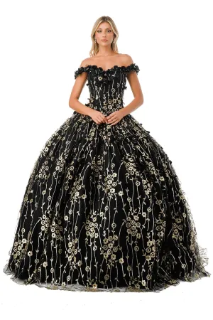 3D Floral Off Shoulder Glitter Ball Gown by Coya L2766A