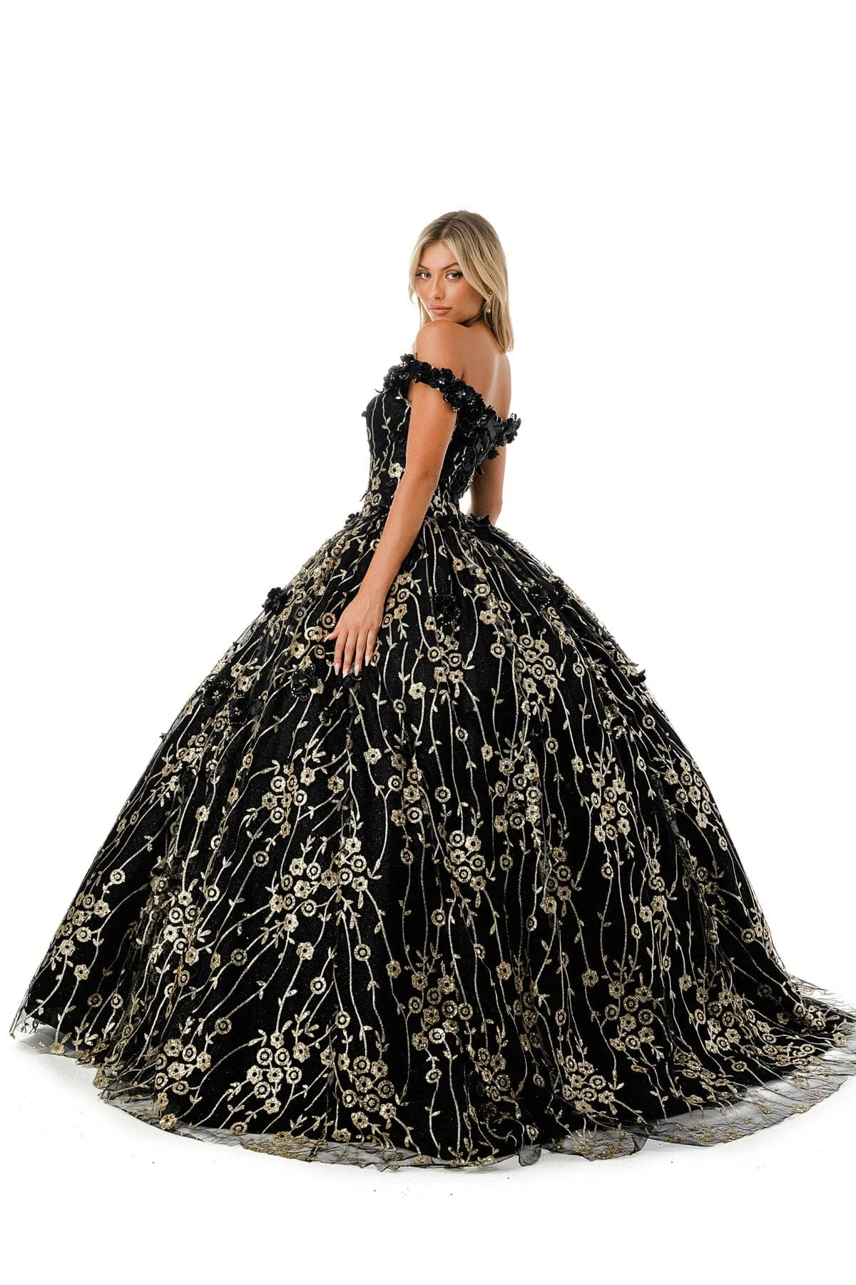 3D Floral Off Shoulder Glitter Ball Gown by Coya L2766A