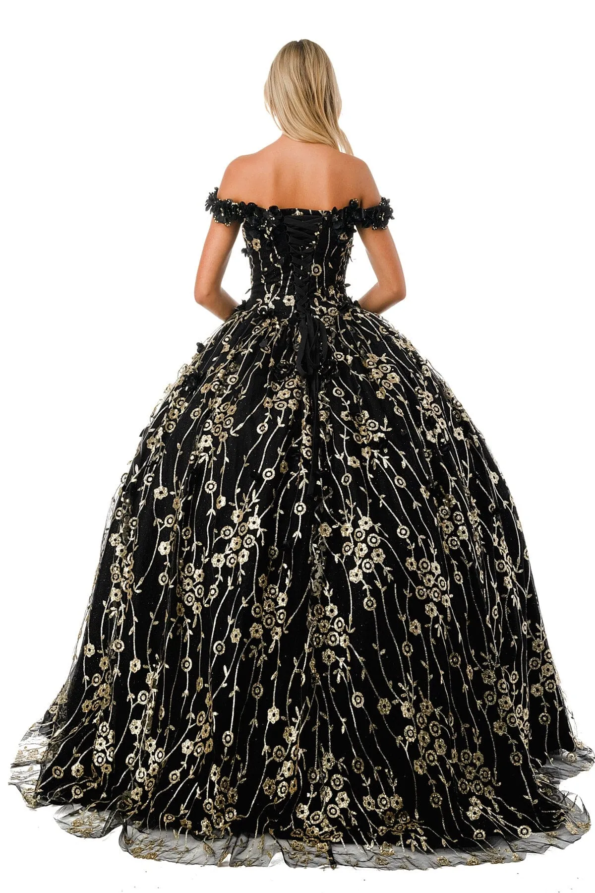 3D Floral Off Shoulder Glitter Ball Gown by Coya L2766A