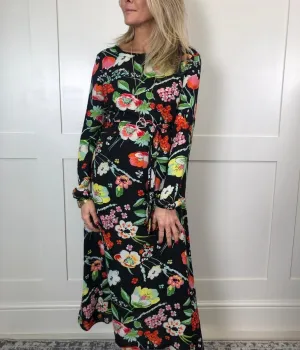 Black Vibrant Flower Print Midi Dress