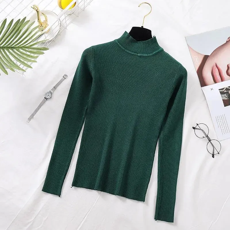 deanwangkt Autumn Women Pullover Sweater Fashion Half Turtleneck Knitted Female Jumper Long Sleeve Winter Black Soft Elastic Blouse