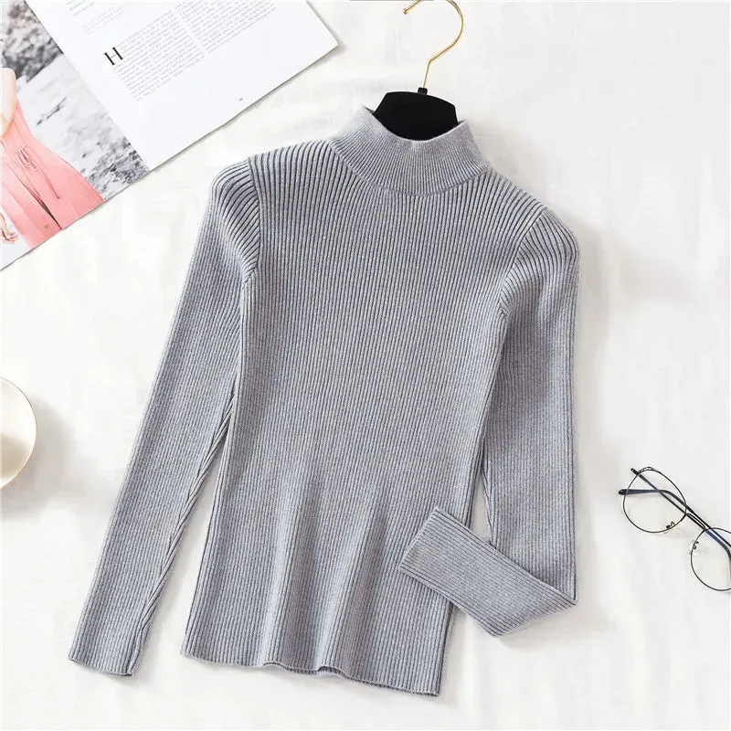 deanwangkt Autumn Women Pullover Sweater Fashion Half Turtleneck Knitted Female Jumper Long Sleeve Winter Black Soft Elastic Blouse