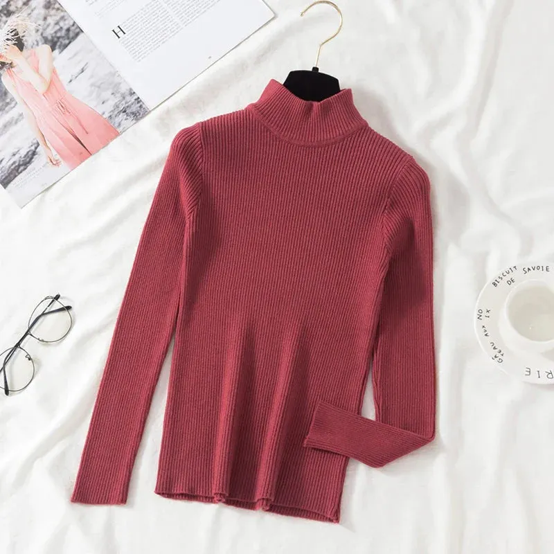 deanwangkt Autumn Women Pullover Sweater Fashion Half Turtleneck Knitted Female Jumper Long Sleeve Winter Black Soft Elastic Blouse