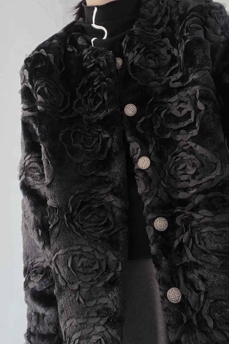 Embroidered Rose Plush Jacket Round Neck