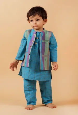 Set of 3: Blue Checked Full Sleeves Kurta With Woven Pant And Nehru Jacket