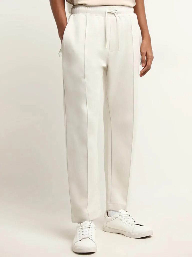 Studiofit Off-White Front-Seam Mid Rise Cotton Blend Relaxed Fit Track Pants