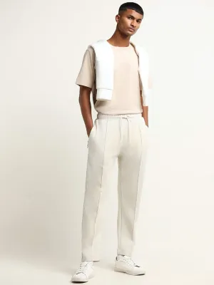 Studiofit Off-White Front-Seam Mid Rise Cotton Blend Relaxed Fit Track Pants