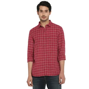 Turtle Men Cotton Linen Red Slim Fit Checkered Shirts