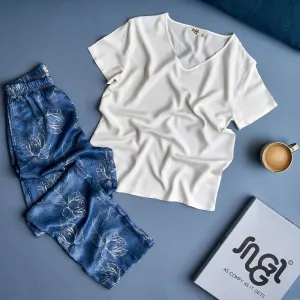 Women summer pajama set Off-white top   Petrol Blue flowered Pants