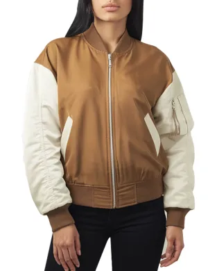 Women's Brown and Cream Contrast Bomber Jacket